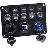 Cllena Dual USB Socket Charger 2.1A&amp;2.1A + LED Voltmeter + 12V Power Outlet + 5 Gang ON-OFF Toggle Switch Multi-Functions Panel for Car Boat Marine RV Truck Camper Vehicles GPS Mobiles (Blue)