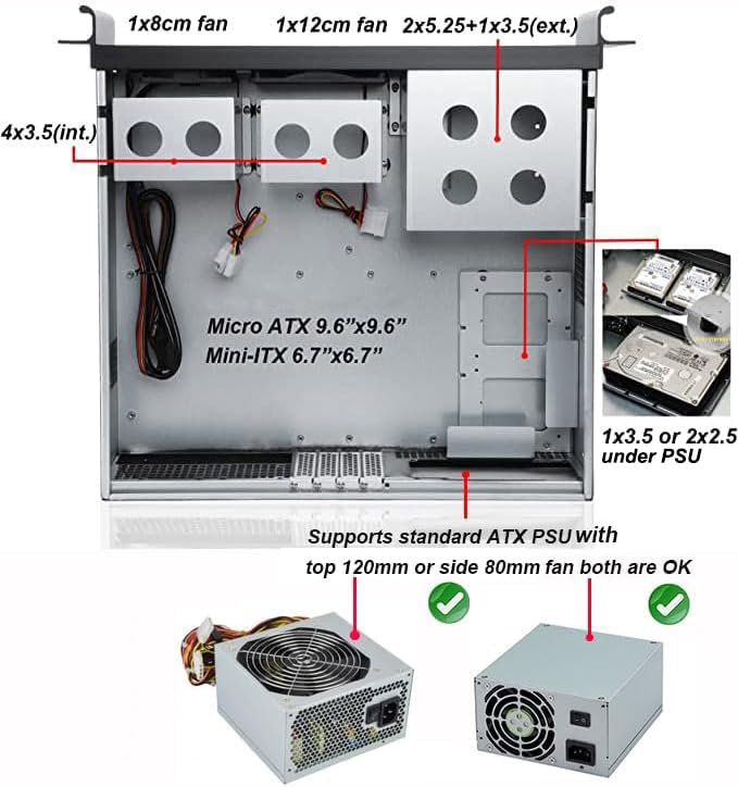 RackChoice 3U Short Depth Rackmount Server Chassis - Micro ATX/Mini-ITX, 2x5.25” + 5x3.5” Bays, ATX PSU Support, Top/Side Cooling, Aluminum Alloy, Black - Perfect for Business, DIY, and IT