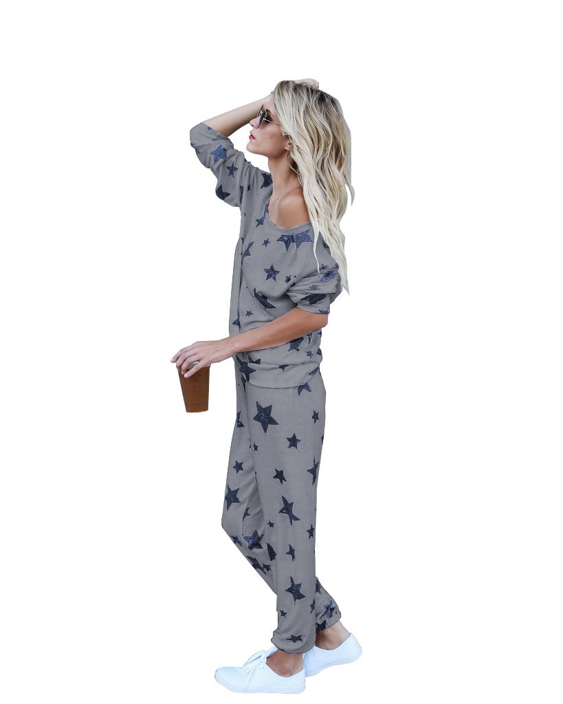 Mycherish Women Round Neck Cotton Flannel Pajamas Two Pieces Set with Star Pattern X-Large Grey