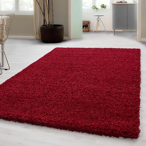Carpetsale24 Shaggy Hochflor Teppich 300x400 cm Rot weich flauschig modern einfarbig Für sehr große Räume für Wohnzimmer Schlafzimmer Flur