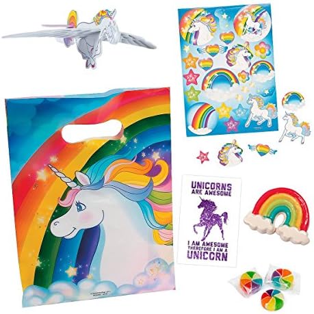 Unicorn Party Favor Treat Bags - Set of 8 - Unicorn Poop Candy, Glider, Stickers & MORE