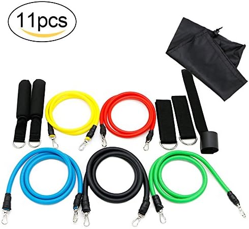 Camande 11pcs Resistance Band Set, with 5 Exercise Bands, Door Anchor, Foam Handles, Ankle Straps, for Resistance Training, Physical Therapy, Home Gyms Workouts Fitness Yoga