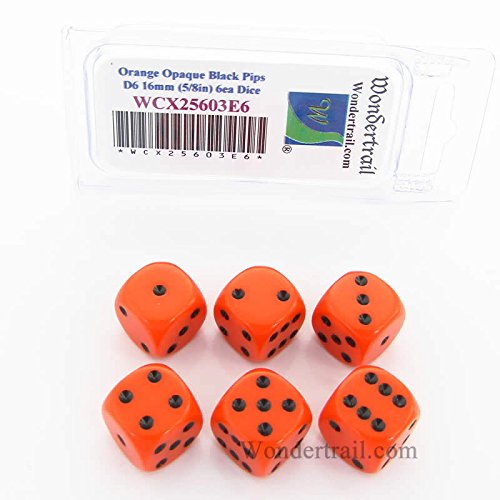 Orange Opaque Dice Black Pips D6 16mm Pack of 6 Wondertrail WCX25603E6