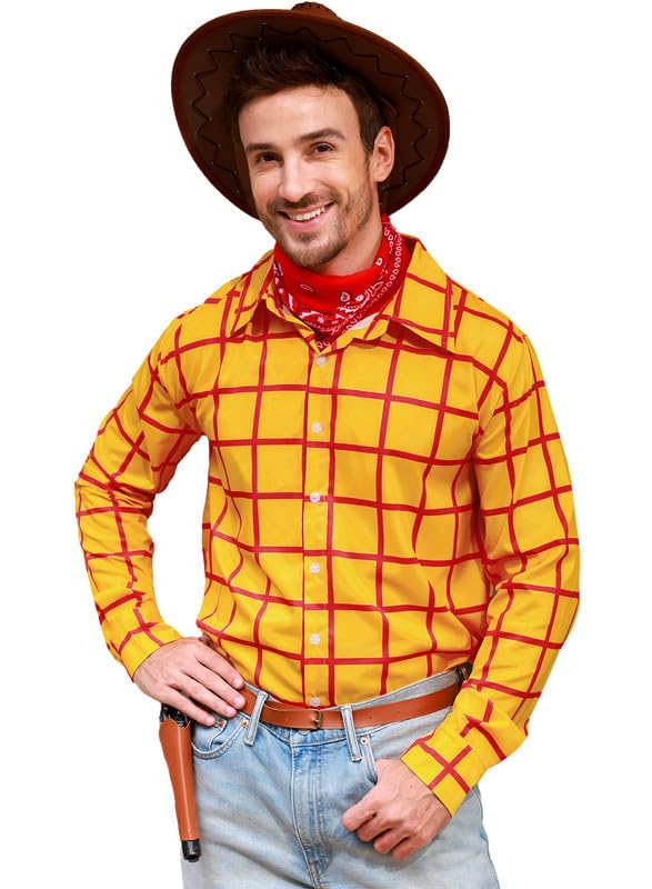 Photo 1 of Arvilhill Men's Woody Shirt Halloween Cowboy Plaid Button Up Shirt Woody Costume Adult Yellow L