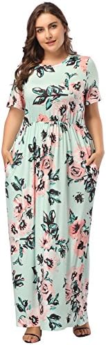 YUMDO Women's Short Sleeve Floral Printed Maxi Dress Plus Size Dresses with Pockets Green 5XL