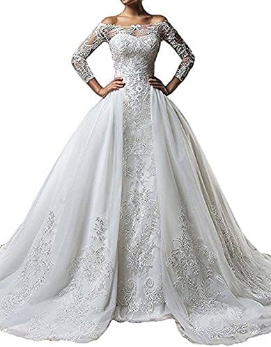 LEJY Women's White Lace Off The Shoulder Wedding Dress With Long Sleeve Detachable Train
