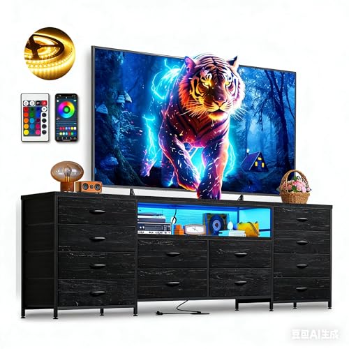 WELIKERA 160cm Mueble para TV con Cómoda, Extra Grande Muebles Tipo Tocador para Dormitorio con Luces LED y Tomas de Corriente, Tejido Largo Centro de Entretenimiento para TV con 12 Cajones