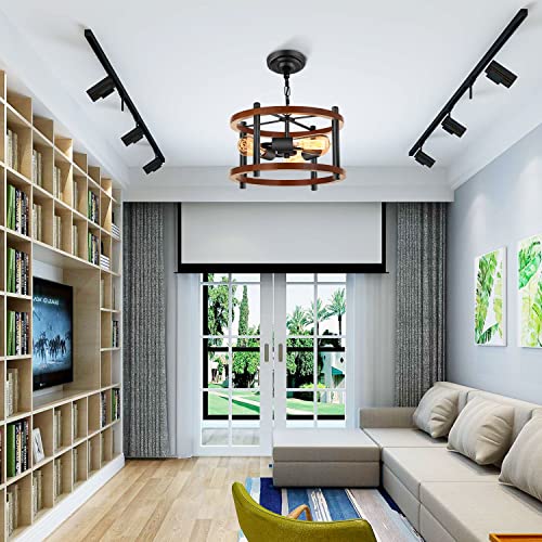 3-Light Farmhouse Pendant Lights Kitchen Island, Black Semi Flush Mount Ceiling Lamp Dining Room Lightting Fixture, Industrial Rustic Wood Hanging Chandelier for Over Sink,Hallway, Entryway