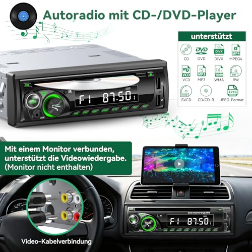 Car Radio Bluetooth with CD DVD Player, Wistrue RDS/FM/AM Car Radio 1DIN, 7 Colours Radio with 2 USB SD/AUX/Steering Wheel Remote Control, MP3 Player
