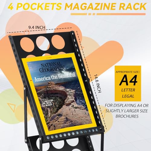 LEPump Literature Catalog Rack, Foldable Magazine Brochure Display Stand, Magazine Floor-Standing with Portable Oxford Bag, for Office Store and Exhibition Trade Show (4 Pockets) (Black)