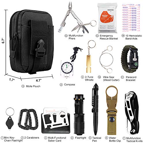 FUNANASUN Outdoor Survival Kit 25 in 1, Emergency Survival Gear Tool Pouch Holster with Compass, Survival Bracelet, Emergency Blanket, Protector Pen, Water Bottle Clip for Camping, Hiking, Adventure