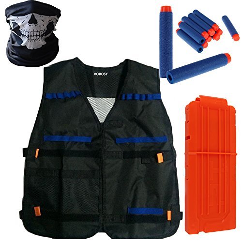 VOROSY 12 Refill Bullet Darts Quick Reload Clip for Toy Gun Nerf N-strike Elite Blasters with tactical vest + 12pcs blue toy darts + face tube mask