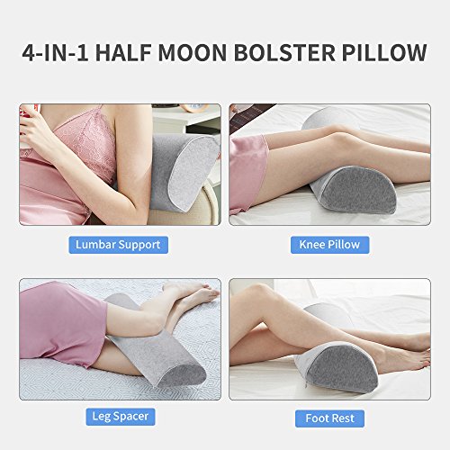 Jiaao Upgraded Half Moon Bolster Pillow, Orthopedic Knee Pillow for Pain Relief, Top Rated Memory Foam Leg Elevator for Side & Back Sleepers, Removable Velvet Cover with Invisible Zipper, Light Grey