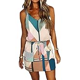 Womens Summer Trendy Striped Dresses Sleeveless Halter Strap Mini Dress with Pockets