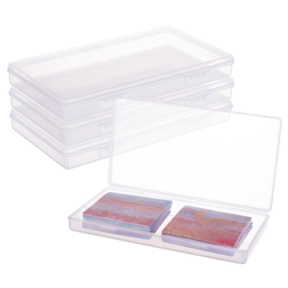 BENECREAT 4 Packs 20x11x2.3cm Rectangle Large Clear Plastic Box Containers with Double Buckles for Cards, Safety Pins, Beads and Other Craft Office Supplies