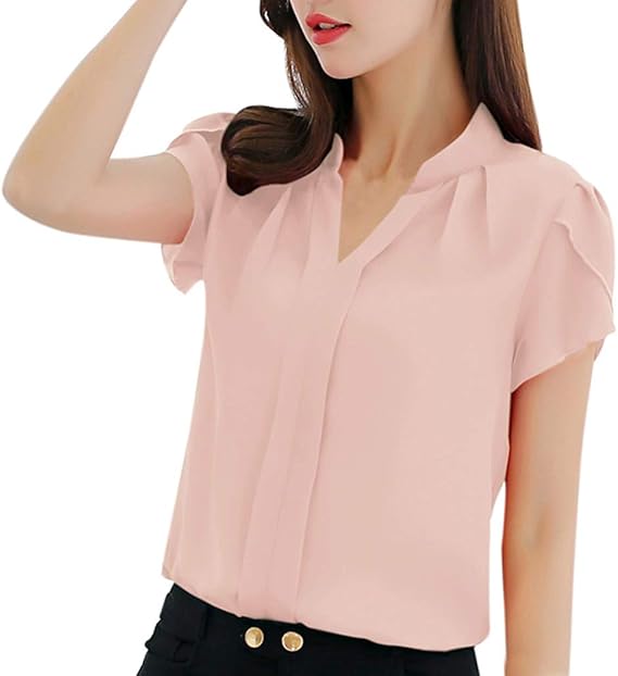 Amazon Co Jp レディース 夏 春 半袖 シフォン トップス ブラウス カットソー ｔシャツ 無地 ルーズ フィット ビジネス ブラウス フリル ｖネック 着痩せ 人気 通勤 Ol 事務 オフィス 日常 カジュアル オールシーズン着用 服 ファッション小物