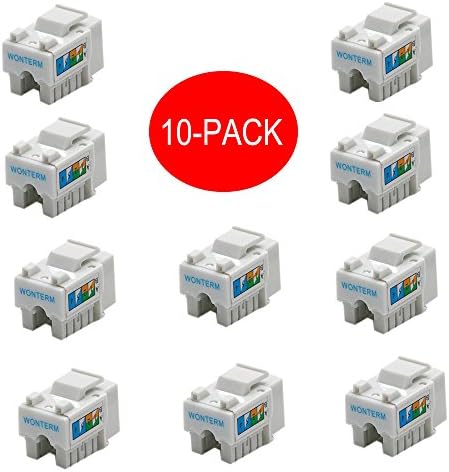 WONTERM 10-Pack Plastic Gold Female UTP Cat5e Ethernet Keystone RJ45 Punch-Down Keystone Jack Connector For Wall Plate White
