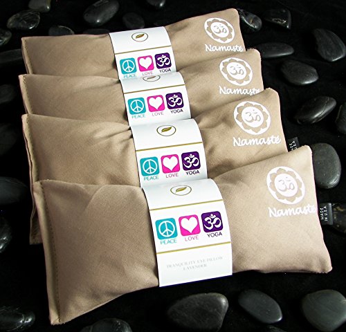 Happy Wraps Namaste Yoga Eye Pillows – Lavender Eye Pillows for Yoga – Weighted Aromatherapy Eye Pillow Mask for Yoga – Stress Relief and Relaxation Gifts Hot Cold Therapy – Set of 4 – Tan Cotton