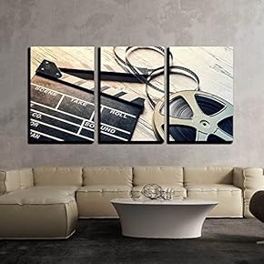 3 Piece Canvas Wall Art - Film Camera Chalkboard and Roll on Wooden Table - Modern Home Art Stretched and Framed Ready to Hang - 16"x24"x3 Panels