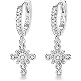 Lansora Cross Dangle Hoop Earrings Huggie Hoops Silver Cross Pendant Drop Hinged Hoop Earrings