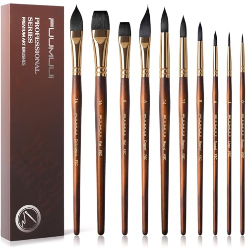 Fuumuui 10Pcs Professional Watercolour Brushes, Synthetic Squirrel Hair Brush Set Variety Shapes with Round Pointed, Flat, Cat's Tongue, Dagger for Watercolour Acrylic Gouache Inks Painting
