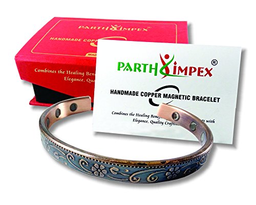 Parth IMPEX Pure Copper Magnetic Bracelet for Men Women Antique Finish Rustic Flower Design Arthritis Joint Pain Relief Carpal Tunnel RSI Treatment Healing 6 Earth Magnet Therapy Elegant Bangle