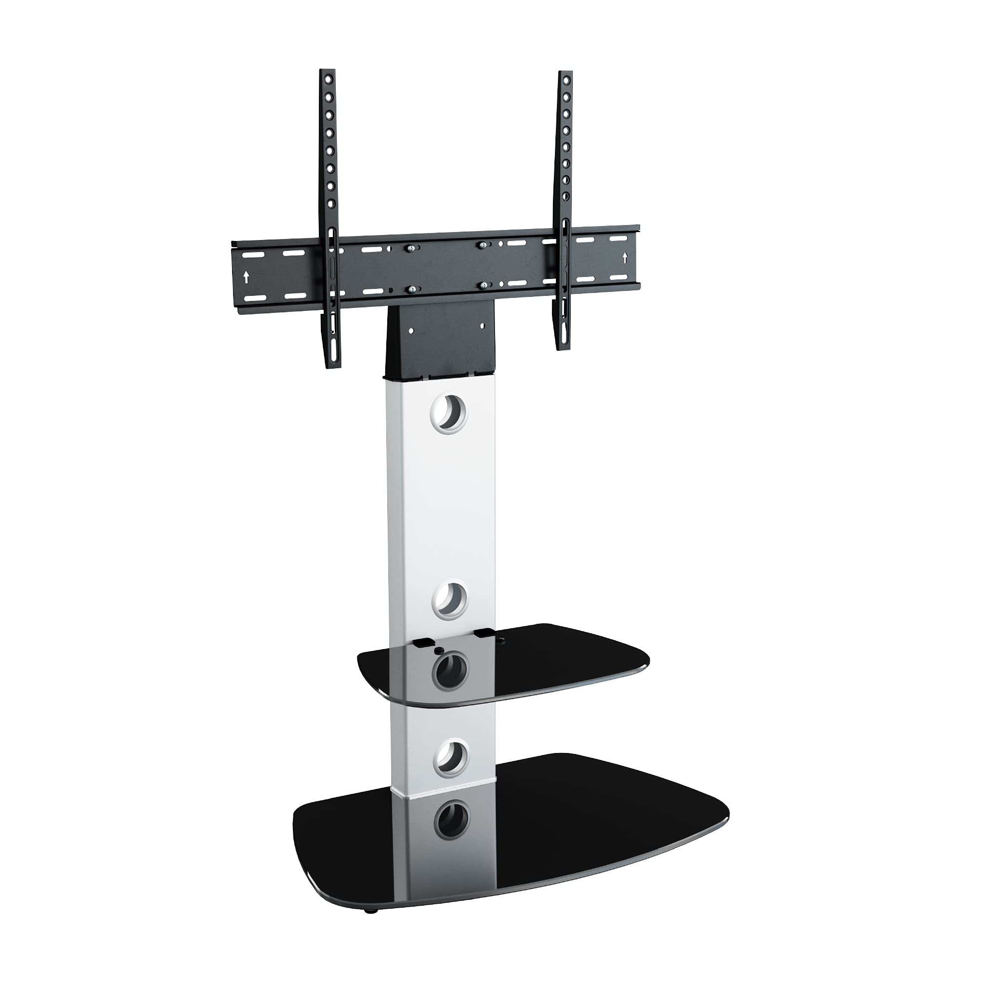 MAHARA Universal Column TV Stand - for 32 to 65 inch TVs-Freestanding silver tall floor stand with curved black glass shelves and cable management-Height adjustable & fits in corners-Max Weight 40kg