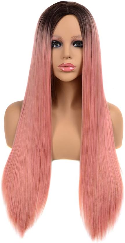 Ombre Wig Natural Synthetic Hair Wig with Wig Cap on Role Cosplay Halloween Non-Lace Full Wig for Women Long Straight Wig Ombre Pastel Pink with Dark Brown Roots Wigs (Organge Pink)