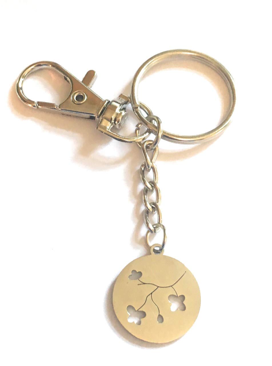 FizzyButton Gifts Stainless Steel Japanese Cherry Blossom keyring key ring with stainless steel charm and silver tone keychain in turquoise gift box