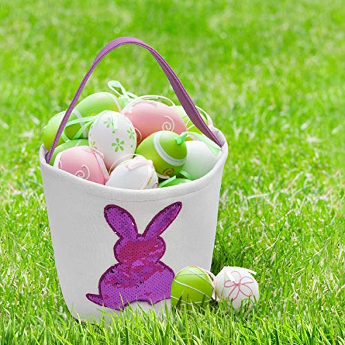 Poptrend Easter Basket Bags,Easter Eggs/Gift Baskets for Kids,Bunny Tote Bag Bucket for Easter Eggs,Toys, Candy,Gifts (Purple Paillette)