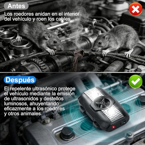 2PCS Ultrasónico Ahuyentador de Ratas para Coche con Flash, 3 Modos de Carga, Ahuyentador de Martas para Coche para Aticos, Hogar, Jardín y Automóviles