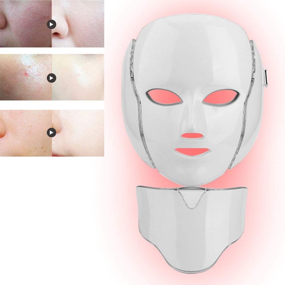 LED Face Beauty Mask, 7 Color Facial Skin Rejuvenation Firm Lift Whitening Tender Beauty Machine, Salon Home Use for Wrinkle Removal Anti-Aging with Neck Mask