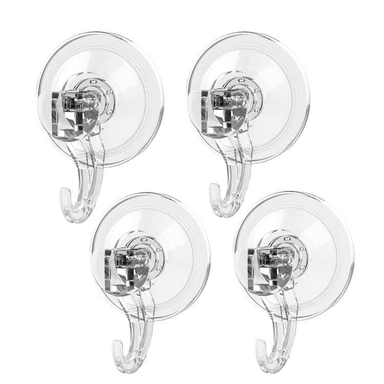 Elegear Suction Hooks for Bathroom, 3Kg Heavy Duty Plastic Strong Vacuum Suction Cup, Reusable Sucker Hook for Shower Kitchen Window Front Door Hanging Towel Caps Bags Coats Xmas Wreath, 4 Pack, Clear