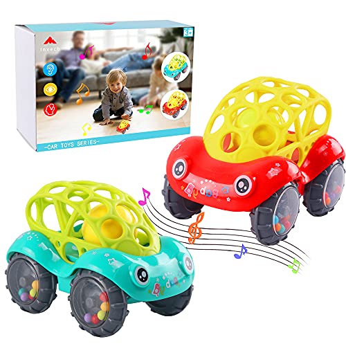 Invech Baby Toy Cars for 1 Year Old, 2 Pack Soft Oball Rattle Baby Toys