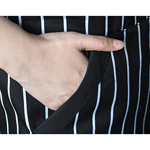 SHARLOVY Bib Aprons for Women with Pockets,Chef Aprons for Men Black White Striped Kitchen Cook Apron Plus Size Bulk,Long Tie Adjustable Neck Apron 2 Pack