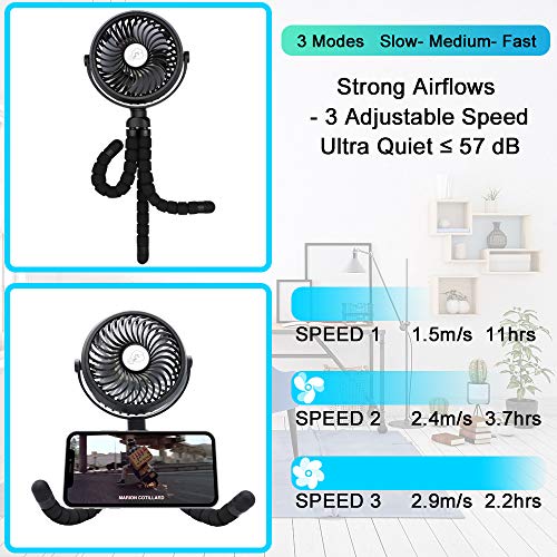 Ventilador USB, mini Ventilador, Ventilador de Mesa silencioso, Batería recargable, Ventilador camper con Trípode flexible, 12 LED, Ventilador de Mano, Ventilador pilas pequeño para Oficina,Cochecito