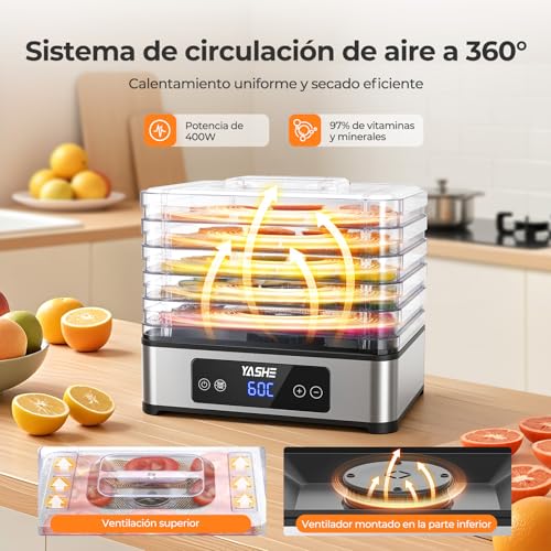 YASHE Food Dehydrator, 5 Stainless Steel Trays, Adjustable Timer and Temperature, 360° Air Flow, BPA Free, 400W Dehydrator for Dried Meat, Fruits, Herbs, Snacks