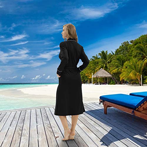 Women Robe Soft Bathrobe Cotton Kimono Long Sleepwear Lounge Wear - Lightweight Cotton House Coat Cardigan - Black, XL - Thumbnail 5