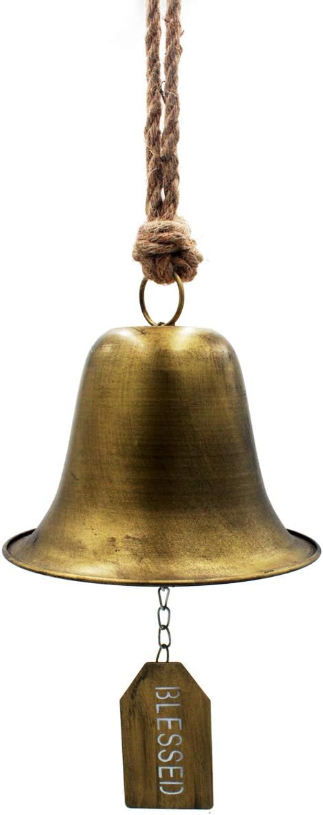 Funly mee Rustic Large Iron Decorative Antique Gold Hanging Bell，Vintage Door Bell for Outdoor Garden （ 8X8in