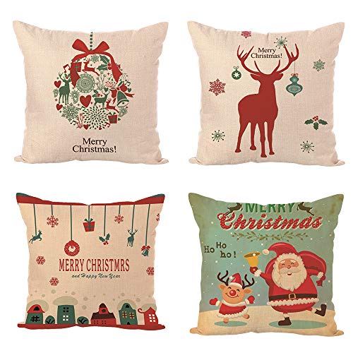 FineInno 4 Packs Christmas Throw Pillow Case Deer Cushion Cover Linen Santa Clause Elk Decorative Room Home Sofa 18inch/45cm One Side Printing,Inside Filler Not Include (4 Santa Claus Series)