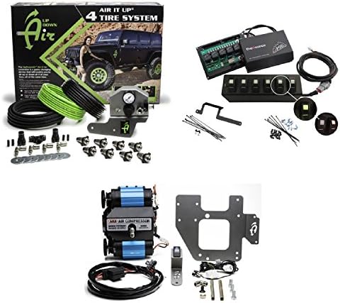 Up Down Air 22-7810/69-0717 Air It Up 4 Tire On Board Air Delivery w/ARB CKMTA12 Compressor & sPOD 600-0915LT-LED-G Double Light All Green 6 Switch w/Source System for 09-15 Wrangler JK