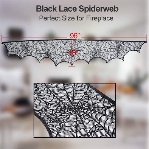 Halloween Fireplace Dcoration, JTS Halloween Mantle Scarf with Spiderweb Shape, Halloween Fireplace Cover with Black Lace for Halloween Mantle Decorations