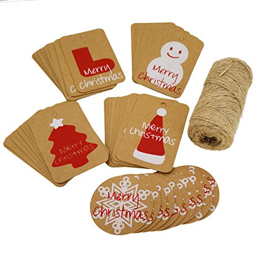 Christmas Kraft Paper Gift Tags with Jute Twine for Gift Wrapping Packaging, Set of 50