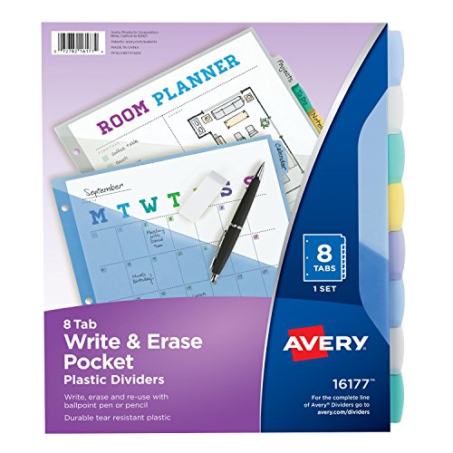 Avery 16177 Write & Erase Big Tab Plastic Dividers w/ Slash Pocket, 8-Tab, Letter