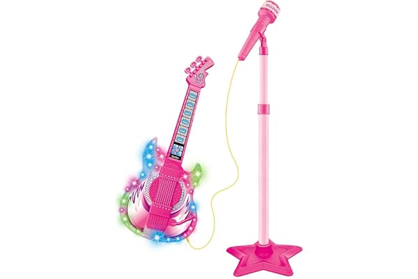 Guitarra com Microfone Pedestal Rock Show Rosa, DM Toys