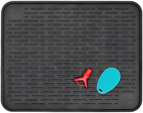 Silicone Dish Drying Mat for Kitchen Countertop XXL 23” x 18” Heat Resistant Trivet Antibacterial Dishwasher Safe With Two Bonus Items: Silicone Soft Scrubber and Silicone Bottle Pourer