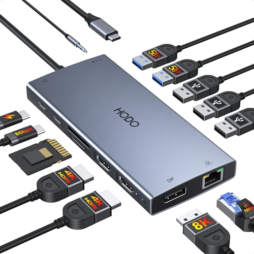 Dockingstation Laptop 2 Monitore, 15 in 1 Docking Station Triple Display, USB C Hub Adapter mit Zwei HDMI, 8K DisplayPort, Ethernet, PD, 5USB, USB C,