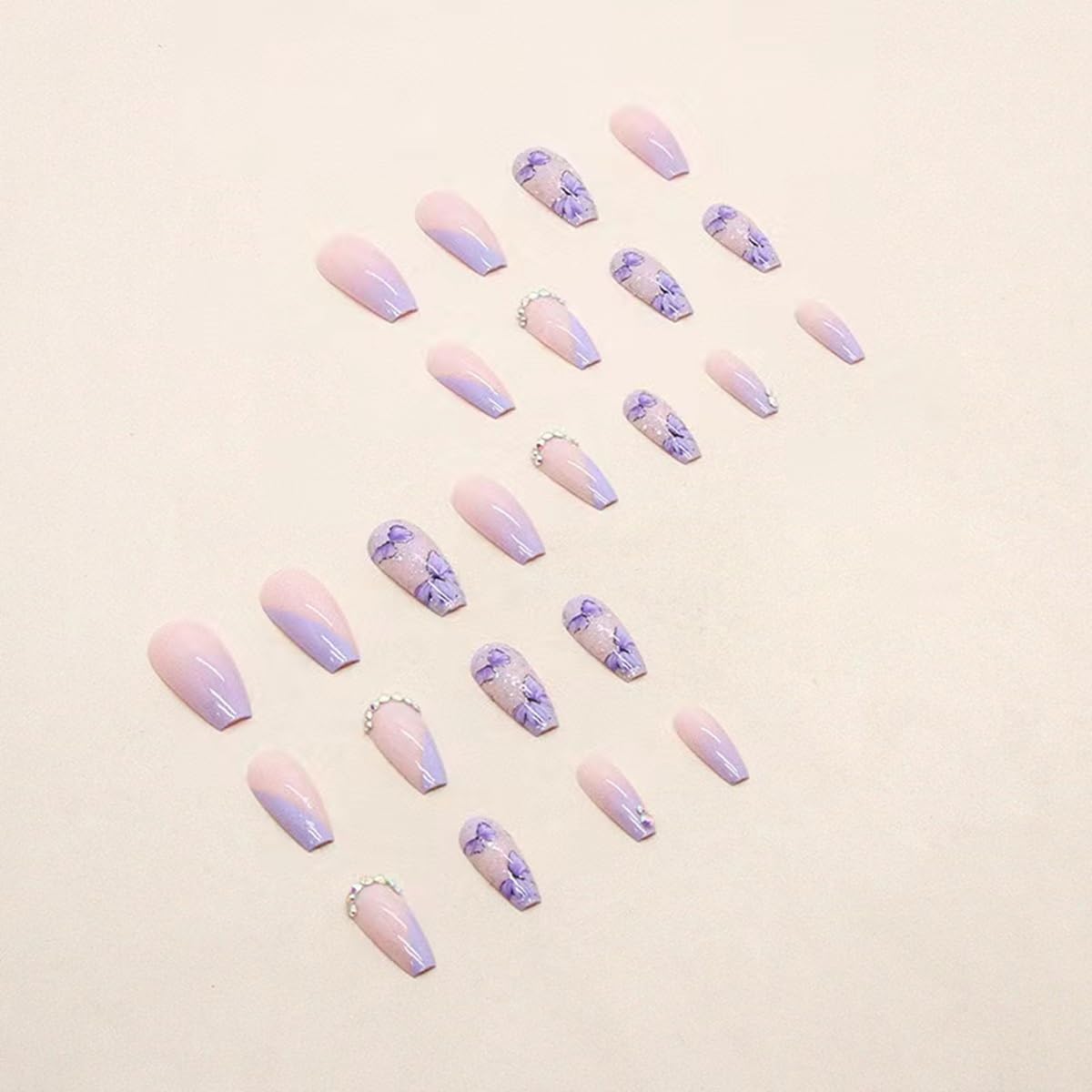 Purple Press on Nails Medium Coffin Fake Nails Butterfly False Nails with Glitter Rhinestone Design Stick on Nails Glossy Acrylic Glue on Nails Ombre Artificial Nails for Women Manicure 24PCS - Image 3