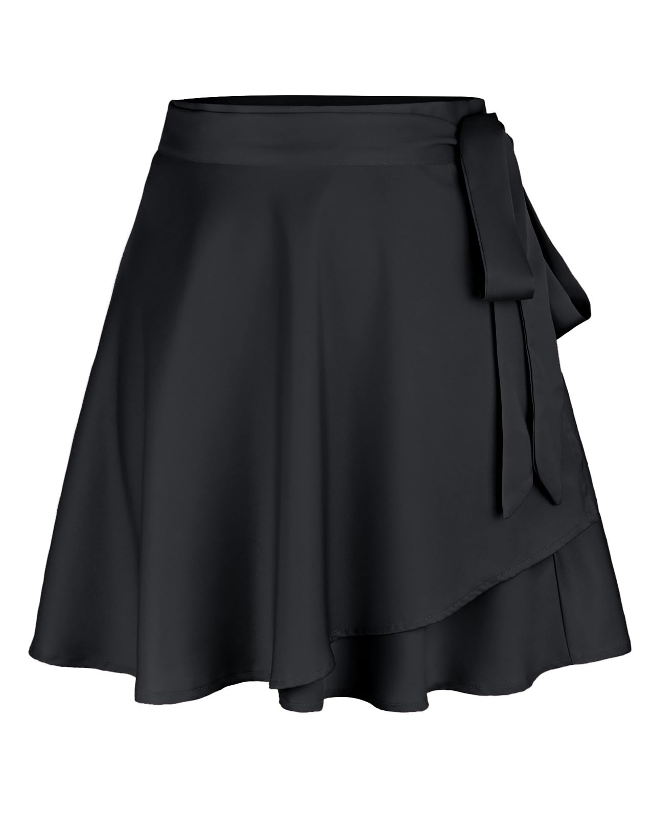 Photo 1 of Women's Satin Wrap Mini Skirt Silk Adjustable Self Tie Knot High Waisted A-Line Flowy Casual Short Skirts Black