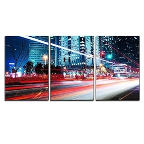 3 Piece Canvas Wall Art - Moving Car with Blur Light Through Modern City at Night. - Modern Home Art Stretched and Framed Ready to Hang - 16"x24"x3 Panels